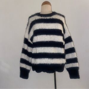a new day Fuzzy Black and White Striped Sweater